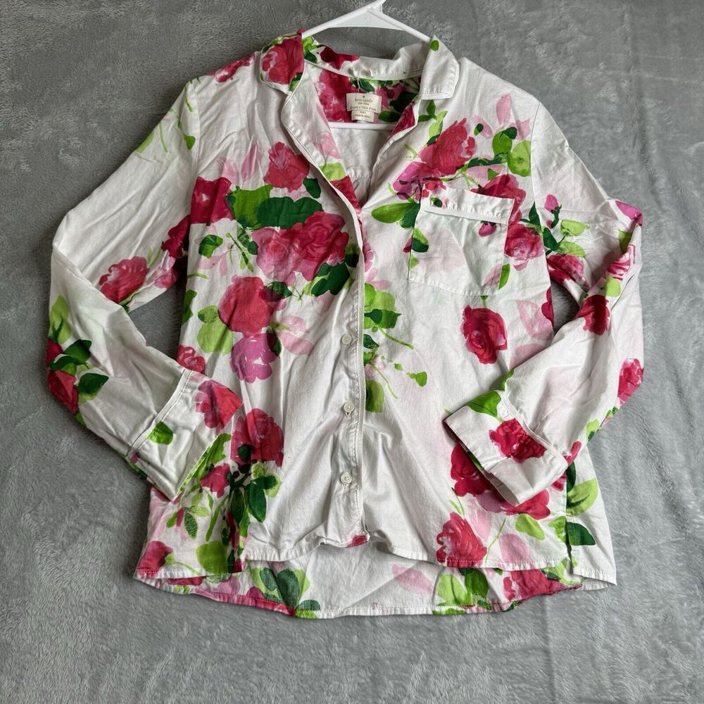 Kate Spade Top Womens S White Floral Cotton Rose Pajama Collared Button Down